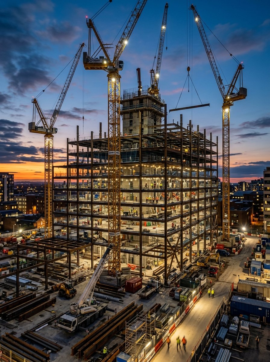Civil engineering tower cranes and construction project