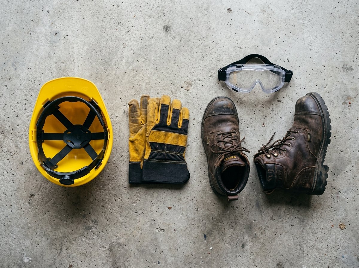 Safety helmet, boots and protective gloves