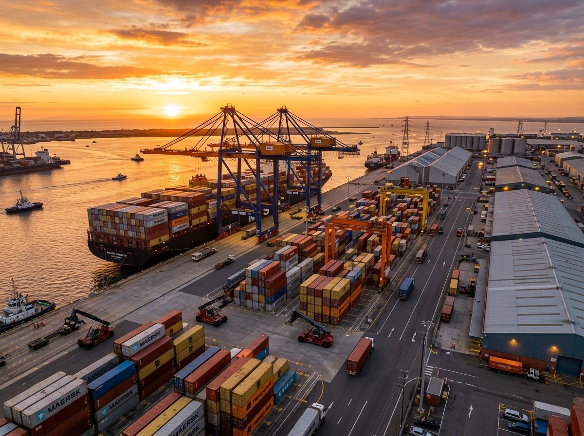 Commercial shipyard cranes and industrial logistics depot