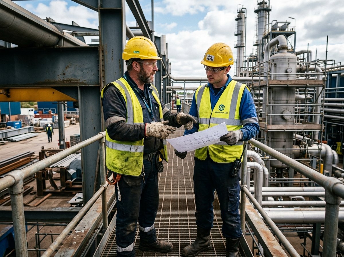 Industrial personnel wearing protective helmets and safety gear
