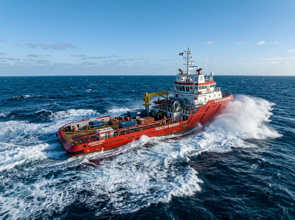 Offshore supply vessel sailing in deep blue waters