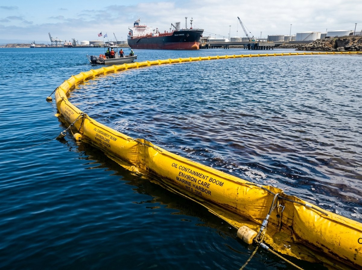 Marine oil containment boom floating on water surface